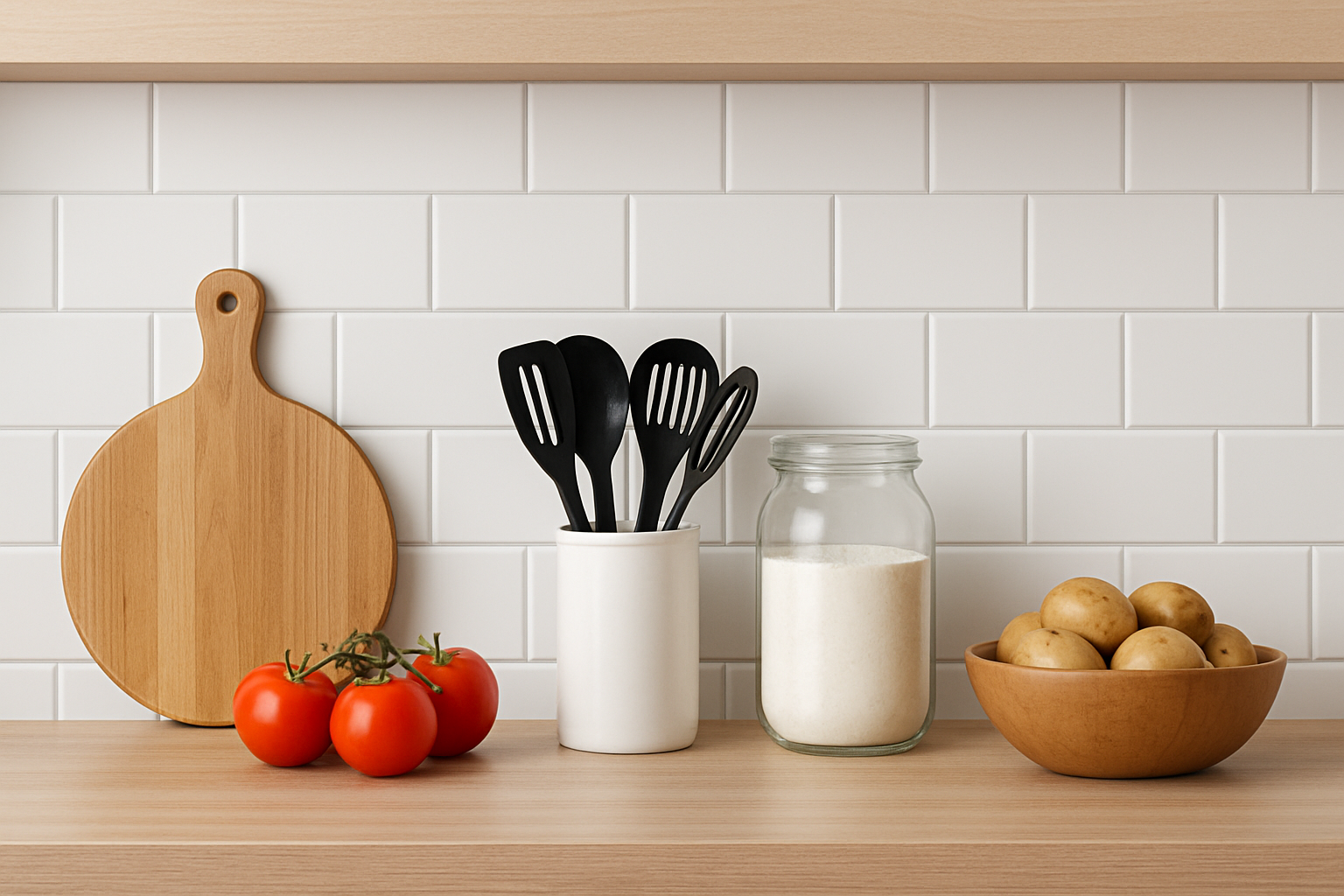 하얀 타일 벽을 배경으로 깔금하게 정리된 현대적인 주방 모습이 담겨 있으며 나무도마 신선한 토마토 조리도구가 담긴 용기 밀가구라 담긴 유리병 감자가 담긴 나무볼 등이 배치되어 있는 모습