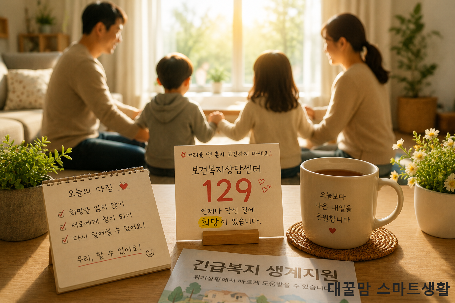 거실 테이블 위 129 보건복지상담센터 메모와 따뜻한 차 한 잔, 가족이 손을 맞잡고 있는 긴급복지 상담 분위기 사진