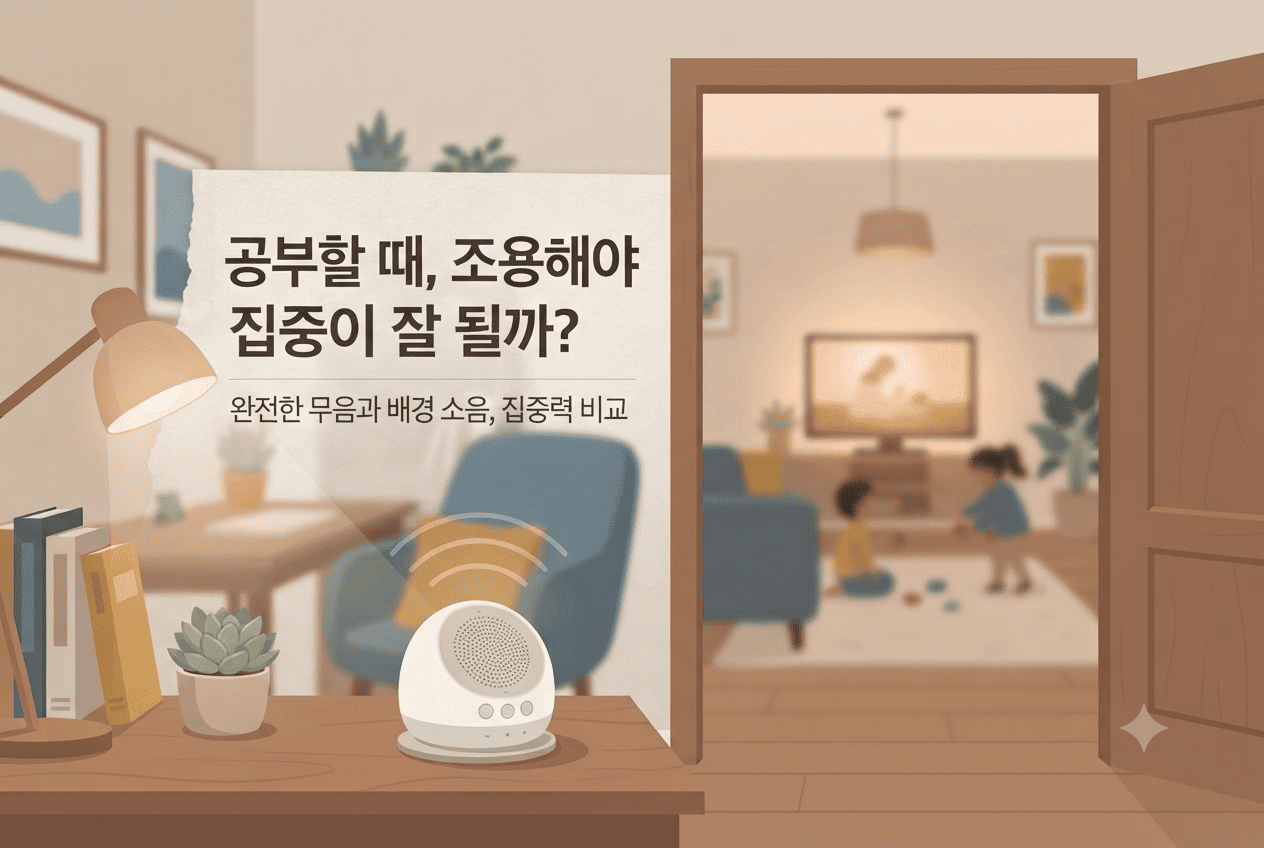 백색소음기를 켜고 방문을 열어둔 채 공부하는 모습과 무음 상태에서 공부하는 모습을 비교한 일러스트