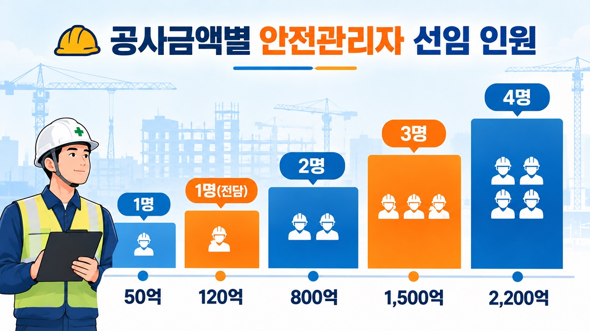 공사금액 구간별 안전관리자 선임 인원이 단계적으로 늘어나는 계단형 도표