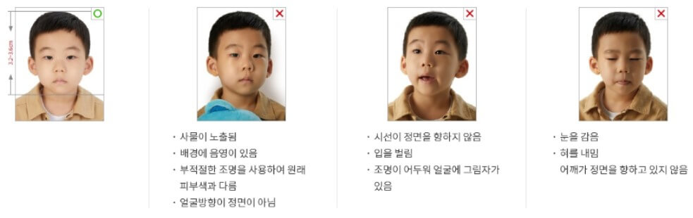 어린이 여권 사진 찍을 때 주의점을 설명하는 사진