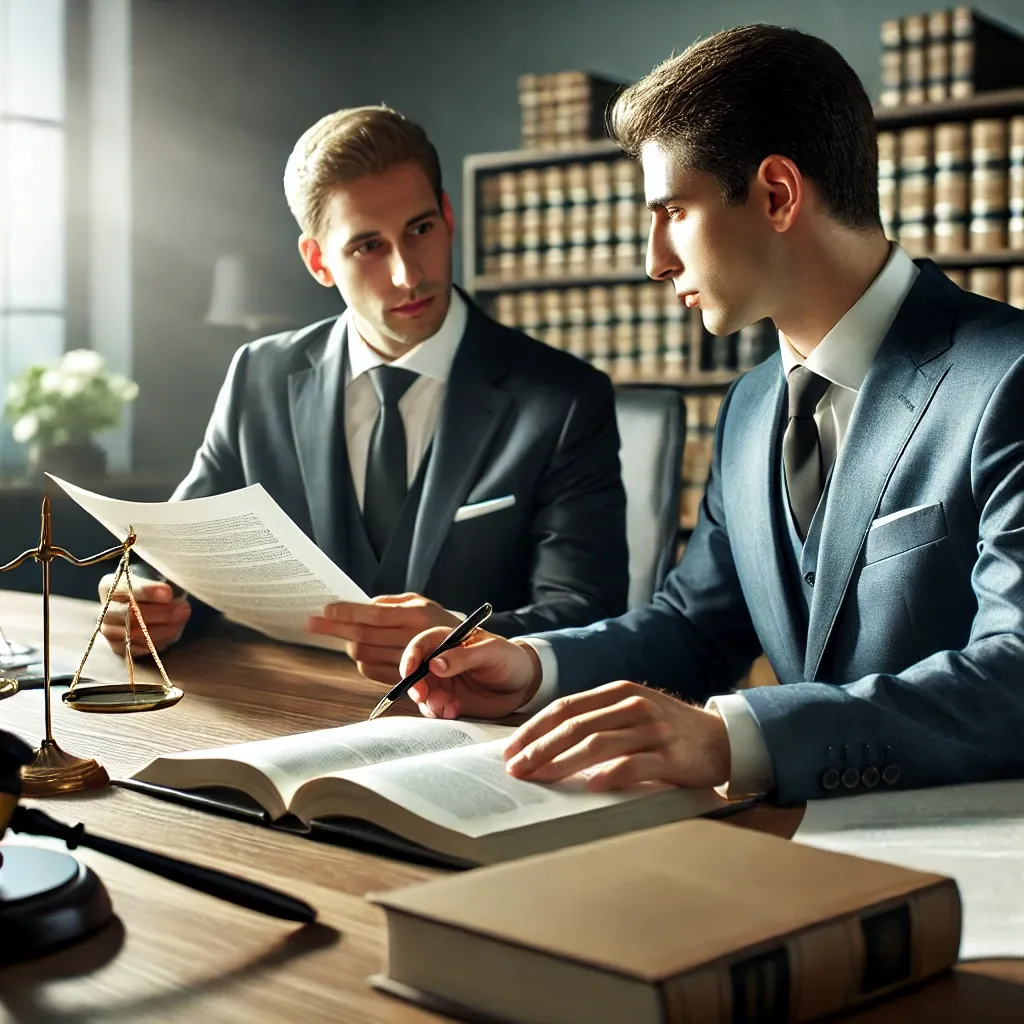 사건 전 변호사와 고객이 전략을 논의하는 컨퍼런스룸 장면. 