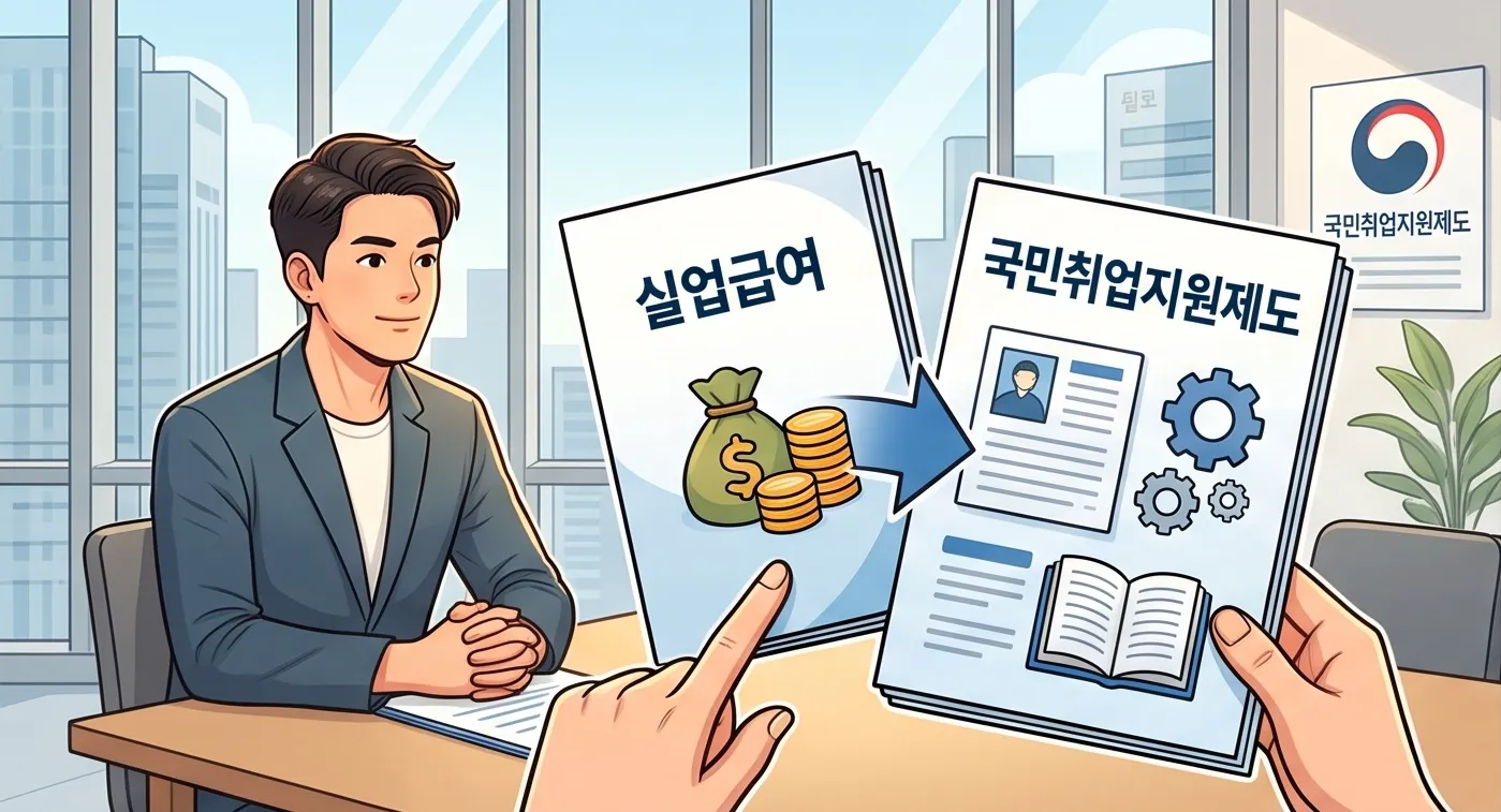 상담 창구에서 구직자에게 실업급여 수급 종료 후 국민취업지원제도로의 연계 신청 안내서를 보여주며 설명하는 일러스트