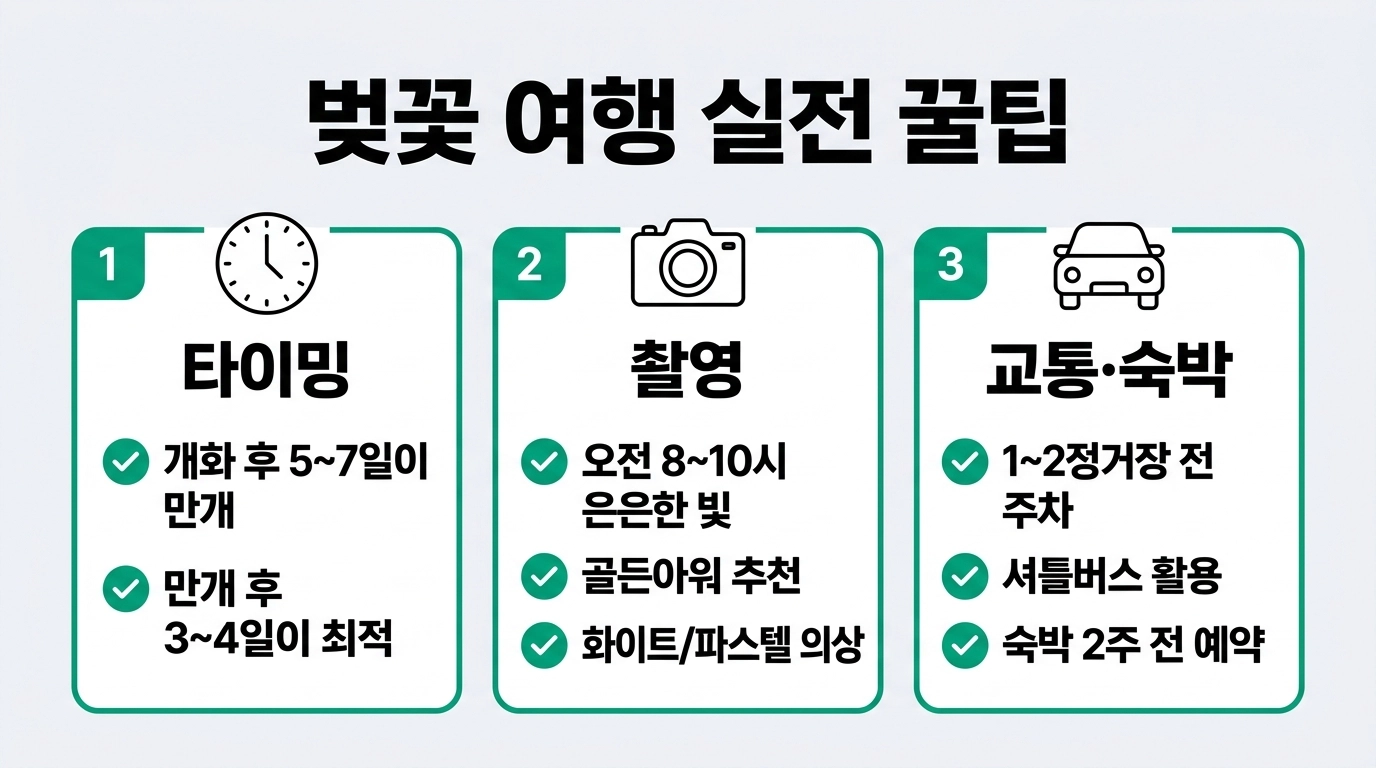 2026 벚꽃 여행 실전 꿀팁 촬영 시간대 교통 전략 인포그래픽