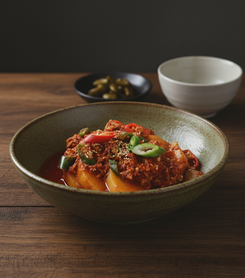 나무 식탁 위, 깊이감 있는 도자기 볼에 담긴 먹음직스러운 참치 무조림.