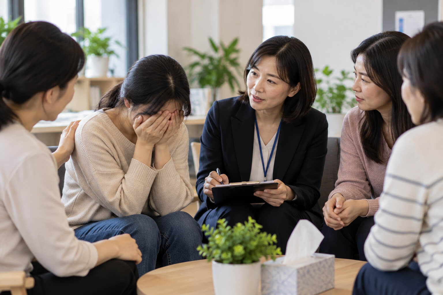 여성긴급전화 1366 상담 현장에서 여러 여성과 상담사가 피해 여성의 이야기를 듣고 보호와 자립 지원을 상담하는 모습