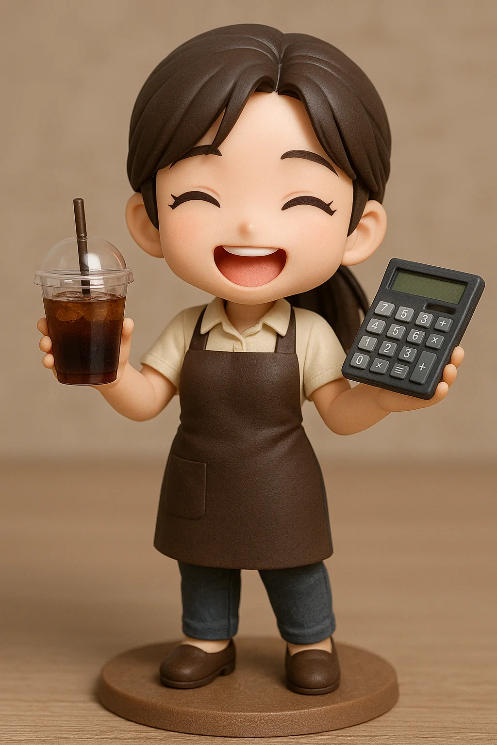 "앞치마를 두른 한국 카페 알바생 캐릭터 피규어. 한 손에는 아이스 아메리카노, 다른 손에는 계산기를 들고 있다. 현실적인 소품 디테일, 귀여운 SD(슈퍼 디포르메) 스타일."