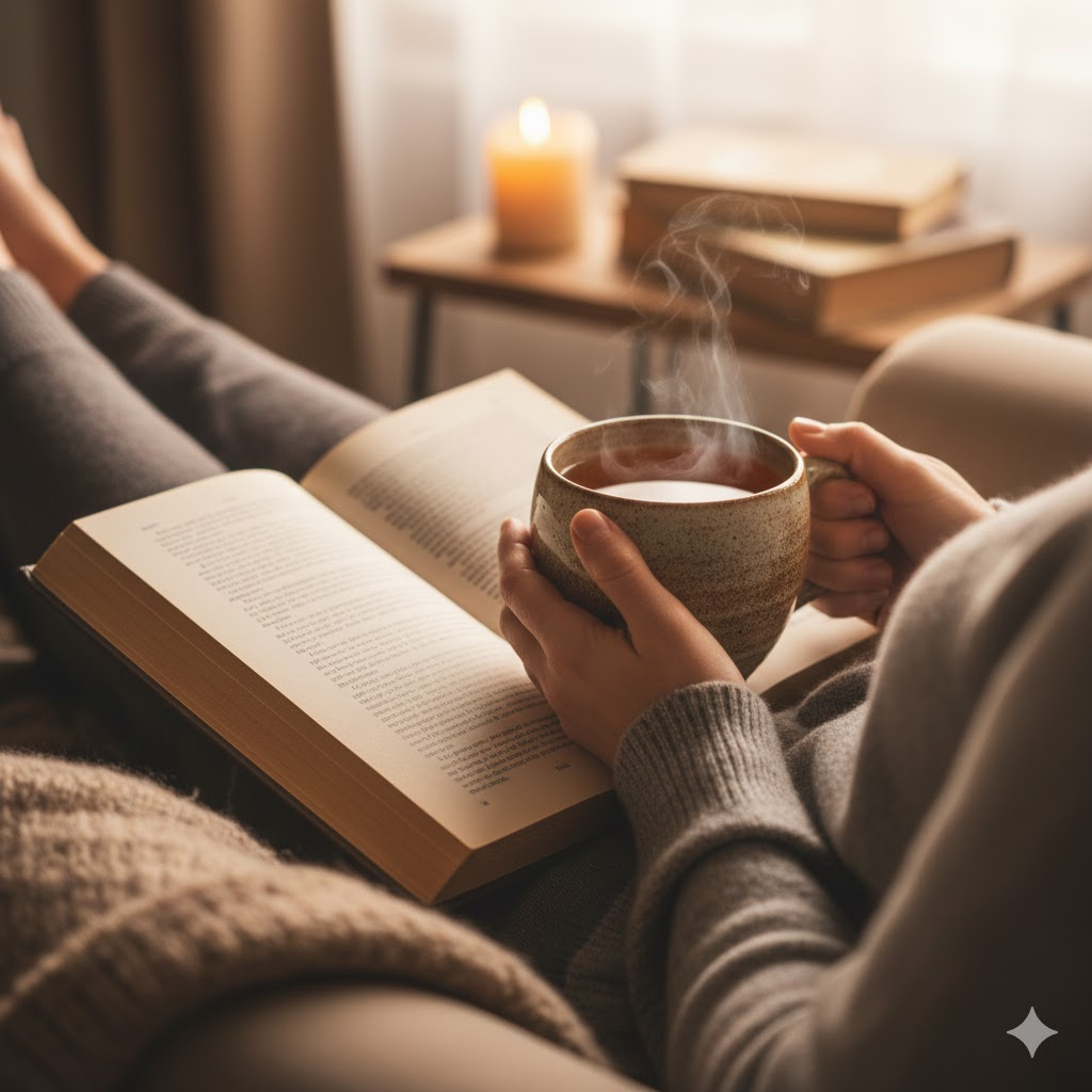 따뜻한 차 한 잔을 마시며 책을 읽는 사진