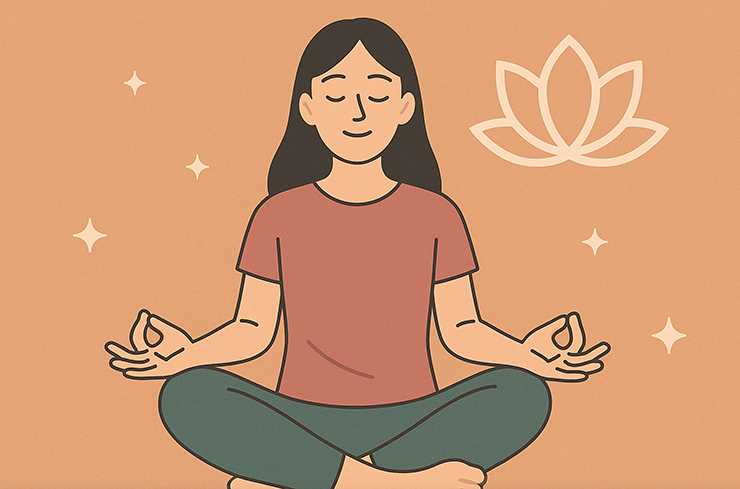 여성이 편안한 표정으로 명상을 하고 있는 이미지입니다.
