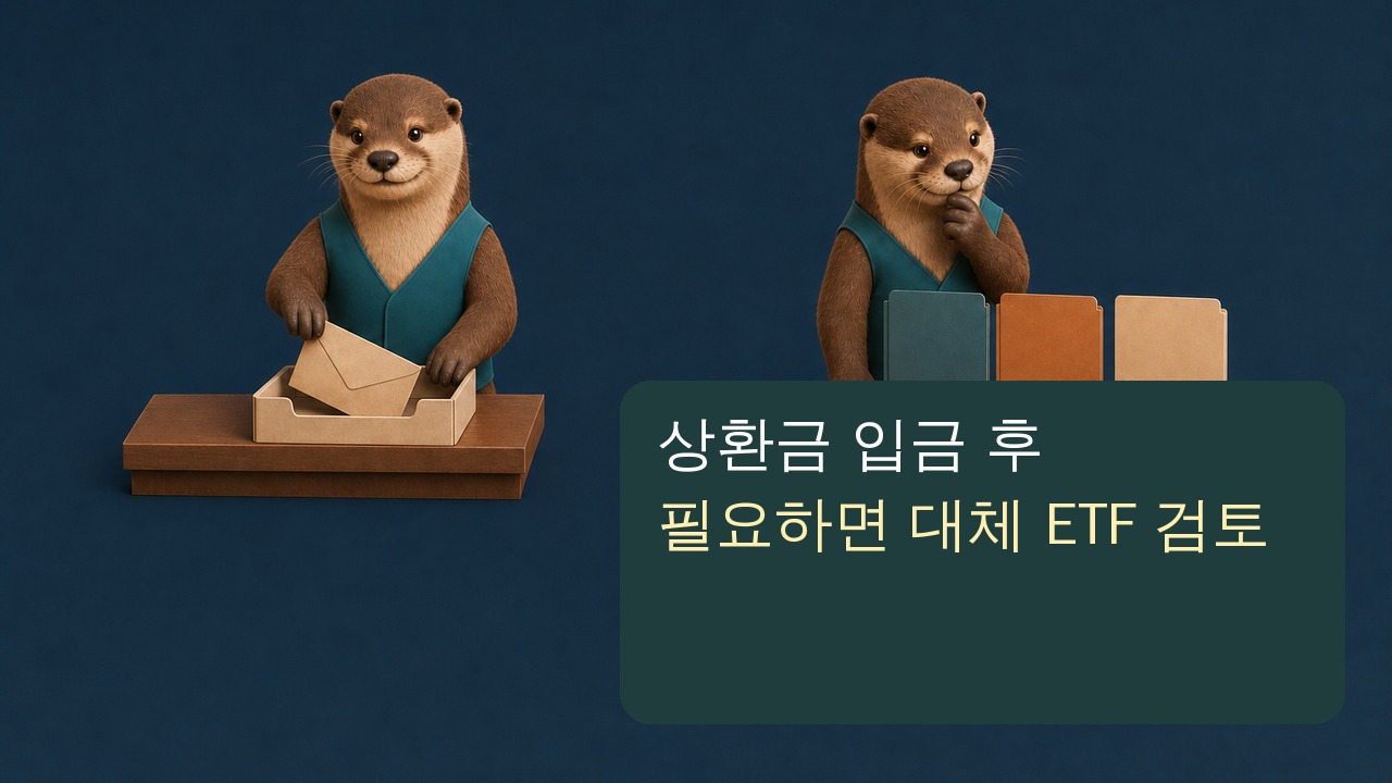 ETF 해지상환금이 현금으로 들어온 뒤 대체 ETF 재투자 체크리스트를 보는 마스코트 이미지