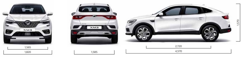 XM3의 전장, 전폭, 전고, 축거, 윤거 전/후 수치