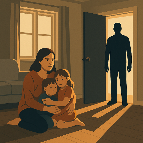 엄마가 겁에 질린 두 아이를 품에 꼭 안고 있는 가운데, 집 안은 어둡고 조용하며, 반 쯤 열린 문 밖으로는 정체불명의 남성 실루엣이 서 있어 위협적인 상황을 암시하는 장면