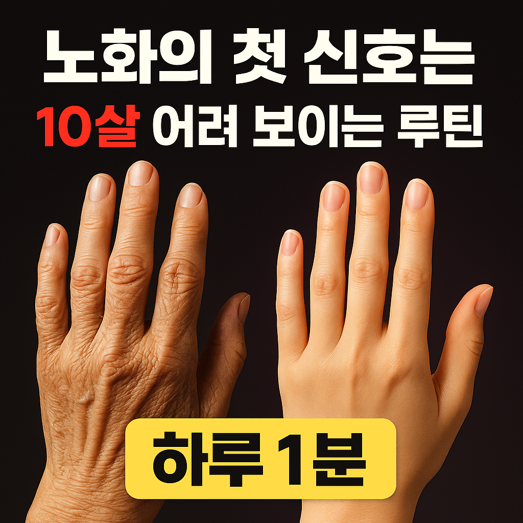 손이 얼굴보다 먼저 늙는다는 메시지를 강조한 항노화 썸네일, 건조한 손과 보습된 손 비교, 노화 예방 습관을 강조한 뉴스형 이미지