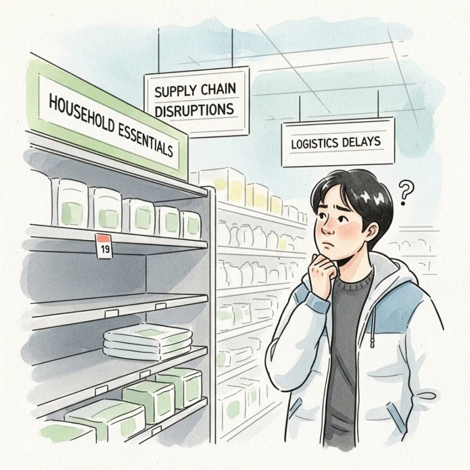 텅 빈 선반 앞에서 당황한 표정의 시민.