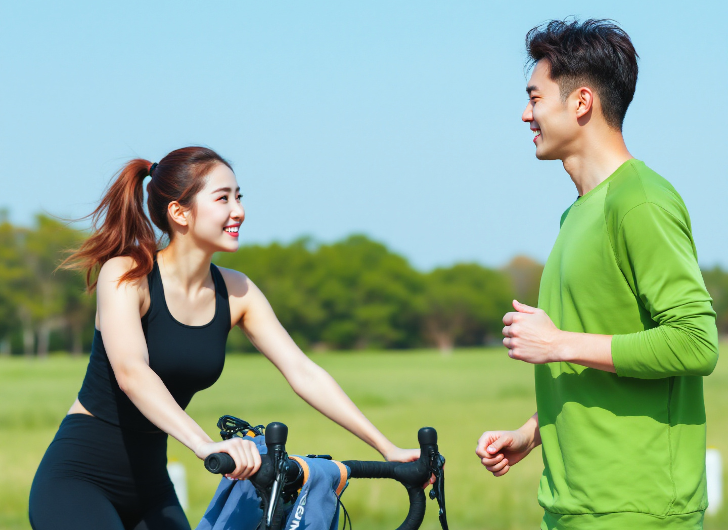 자전거를 타고 있는 여성과 달리기를 하는 남성이 서로 바라보고 있다.