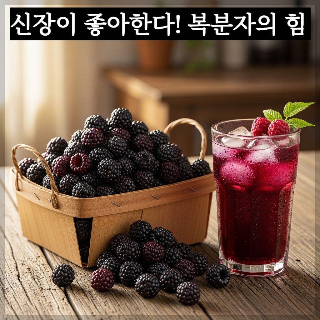 따스한 아침 햇살이 비치는 주방 테이블 위에 놓인 검붉은 복분자 열매들이 담긴 나무 바구니와 진한 복분자 즙이 담긴 유리잔이 있는 치유 분위기의 실사 이미지