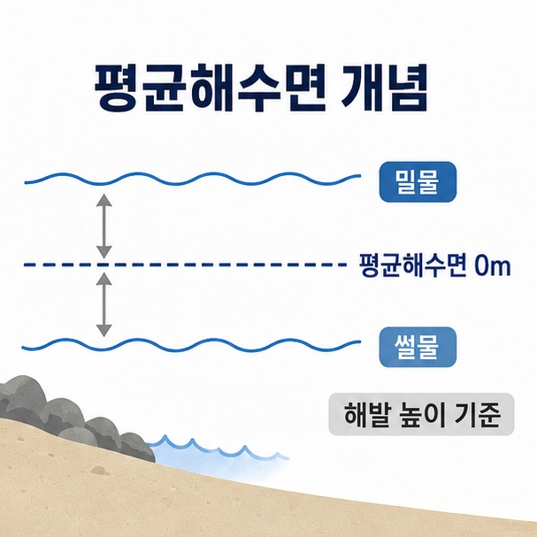 밀물과 썰물로 변하는 바닷물 높이의 평균을 이용해 평균해수면을 정하는 원리를 설명한 이미지