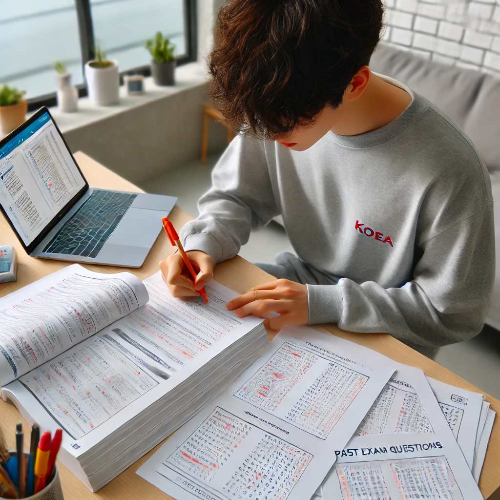 학생이 현대적인 책상에서 기출문제를 공부하는 모습. 학생은 시험 문제를 프린트된 종이를 읽으며 중요한 부분을 형광펜으로 강조하고 있으며, 책상 위에는 노트북과 필기구가 정리되어 있습니다