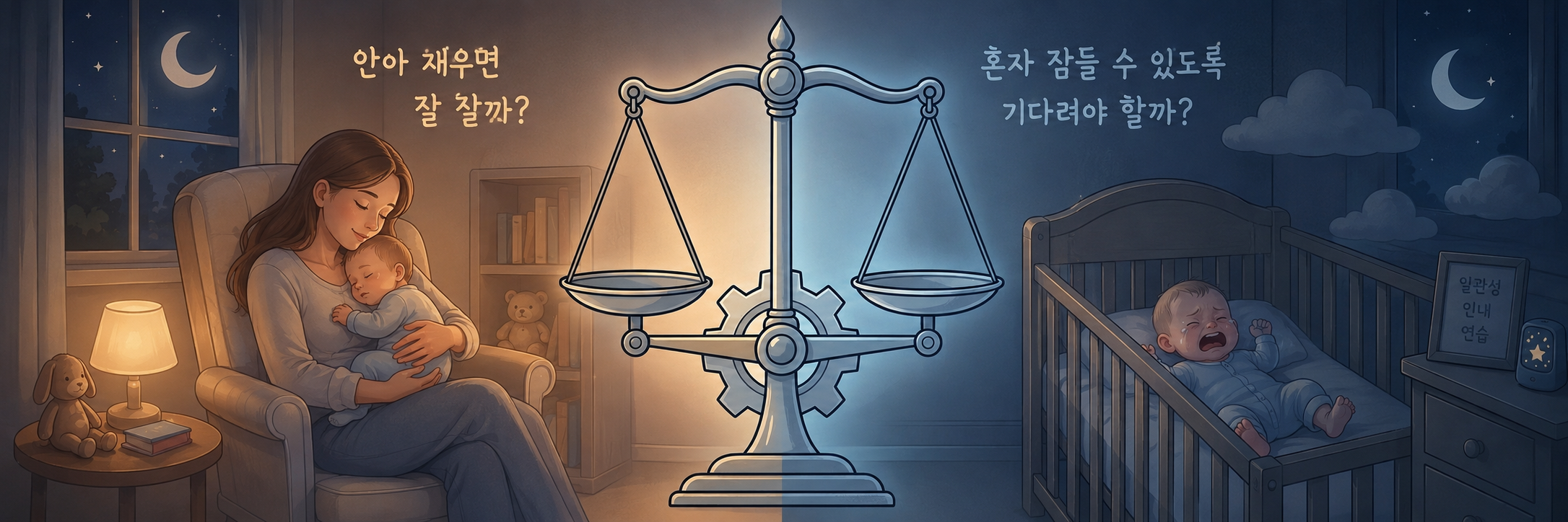 수면교육의 두 가지 상반된 접근 방식을 대조적으로 보여주는 일러스트이다. 중앙에는 커다란 천칭저울이 놓여 있고, 그 양옆으로 밤 시간의 서로 다른 풍경이 펼쳐진다.
왼쪽에는 어두운 방 안에서 엄마가 아기를 품에 안고 평온하게 재우는 모습이 그려져 있다. 엄마와 아기 위로는 '안아 재우면 잘 잘까?'라는 문장이 적혀있다. 오른쪽에는 침대에 홀로 누워 울고 있는 아기의 모습이 그려져 대조를 이룬다. 아기 위로는 '혼자 잠드 수 있도록 기다려야 할까?'라는 문장이 적혀 있다. 중앙의 저울은 수면교육의 찬반 논쟁 사이에서 균형을 찾아야 함을 상징한다. 전체적으로 차분한 푸른 밤 조명 아래에서 수면교육의 양면성을 시각적으로 묘사했다.