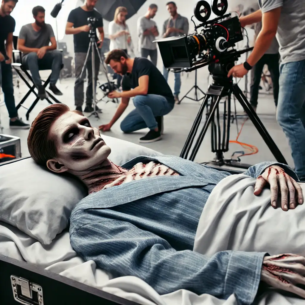 ‘프로 시체 연기자’의 모습을 담은 이미지입니다! 🎬💀 영화 촬영장에서 완벽한 시체 연기를 펼치는 배우의 모습을 표현했어요