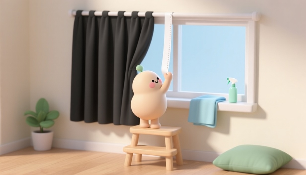 발판에 올라 창문 길이를 재는 캐릭터