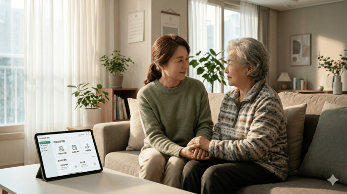2026 가족요양급여 지원을 받으며 집에서 부모님을 돌보는 현대적인 가족 모습