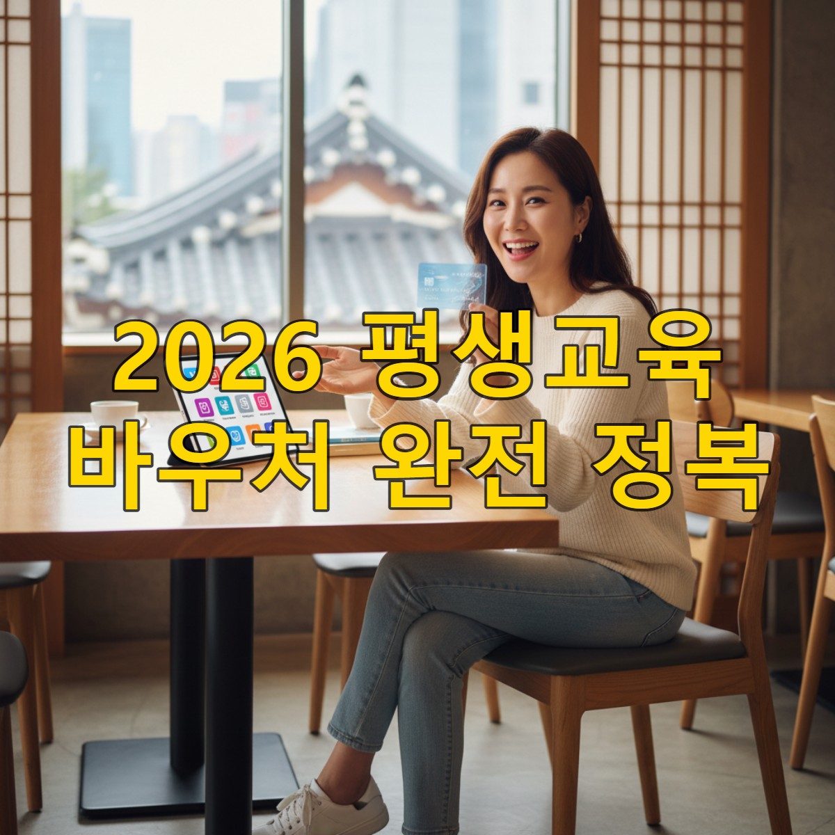 활짝 웃는 한국인 여성 학습자가 평생교육 바우처 카드와 태블릿을 들고 온라인 강의를 탐색하며 새로운 배움의 기회를 찾는 모습