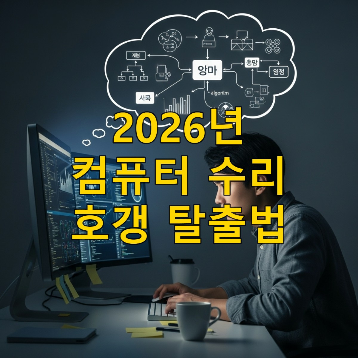 2026년 컴퓨터 수리 사기를 걱정하는 한국인 사용자가 컴퓨터 화면을 응시하며 정보를 찾는 모습