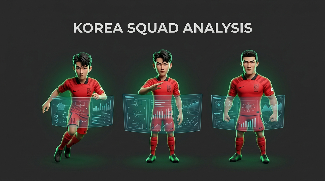 2026 월드컵 대한민국 국가대표팀 26인 명단 발표에 맞춰 핵심 선수들의 폼을 분석하는 3D 캐릭터 썸네일 이미지