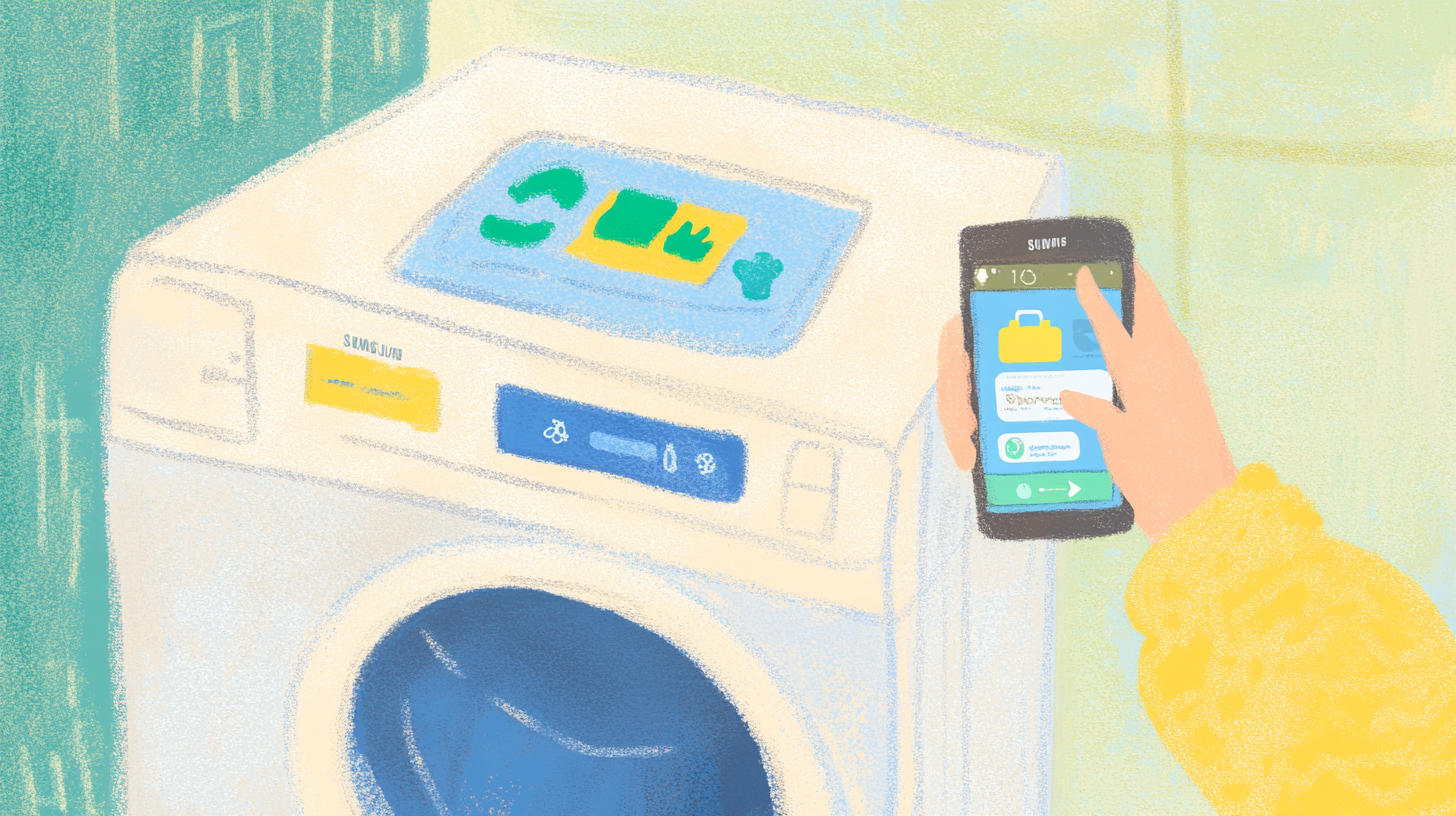 삼성 스마트 케어 앱이 세탁기 문제를 진단하는 모습을 보여주는 이미지로, 사용자가 스마트폰에서 직관적인 인터페이스를 탐색하며 편리한 자가 관리 솔루션을 나타냅니다.