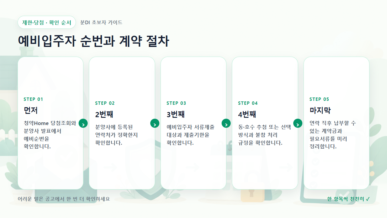 예비입주자 순번과 계약 절차 확인 순서를 다섯 단계로 보여주는 흐름도