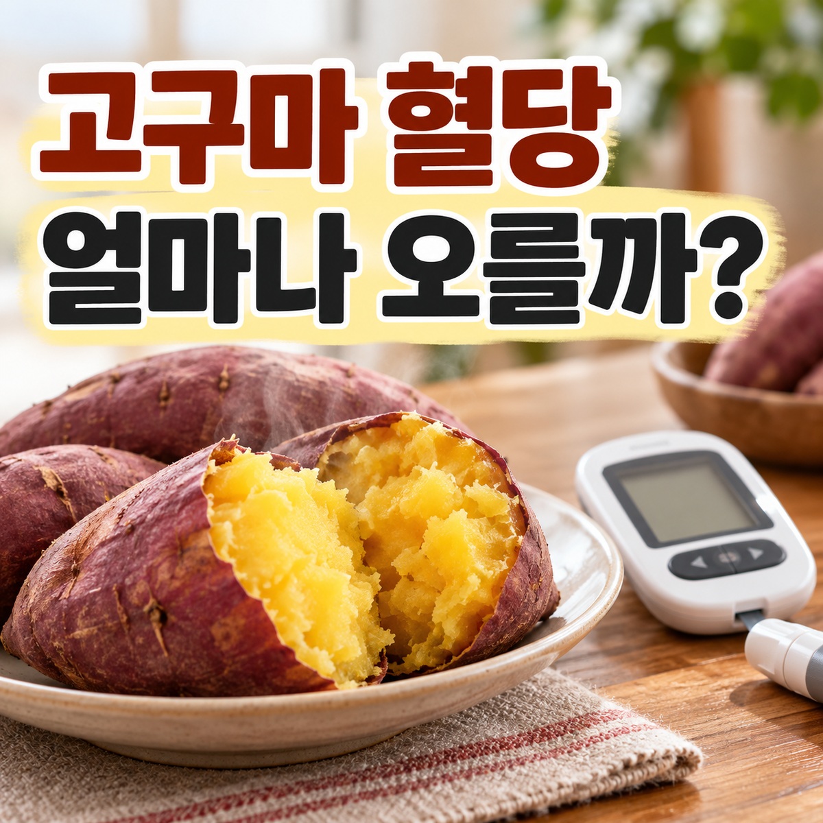 찐 고구마와 혈당 측정기를 함께 놓은 식탁 장면