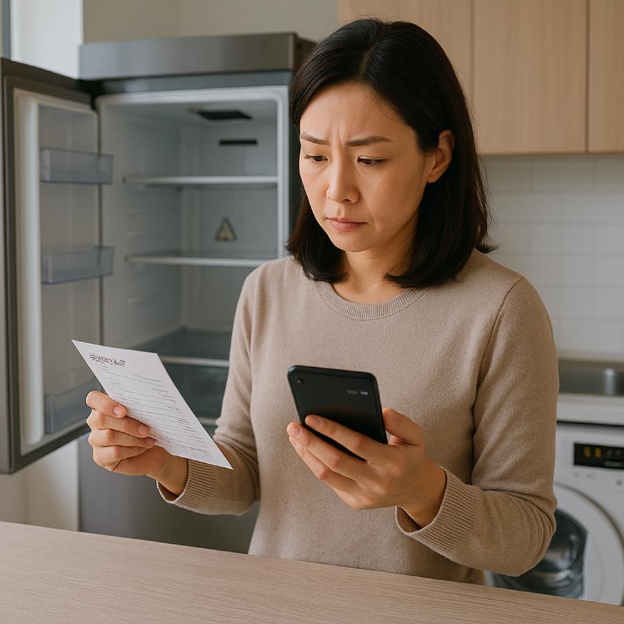 아파트 주방에서 여성이 고장 난 냉장고 앞에서 수리비 영수증을 들고 스마트폰으로 현대해상 가전 수리비 청구방법을 확인하는 모습