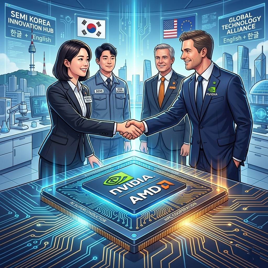 엔비디아와 AMD의 로고가 새겨진 미래형 칩셋을 사이에 두고 한국의 기술진과 글로벌 CEO들이 악수하는 상징적인 일러스트