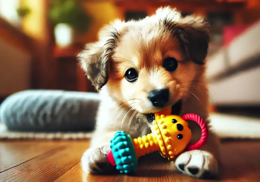 장난감 물고 있는 강아지 모습