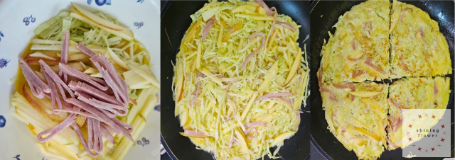 계란물에 양배추,사과,햄 채썬것-후라이팬에 계란물 한면 굽기-계란물 뒤집어 구워진 한면