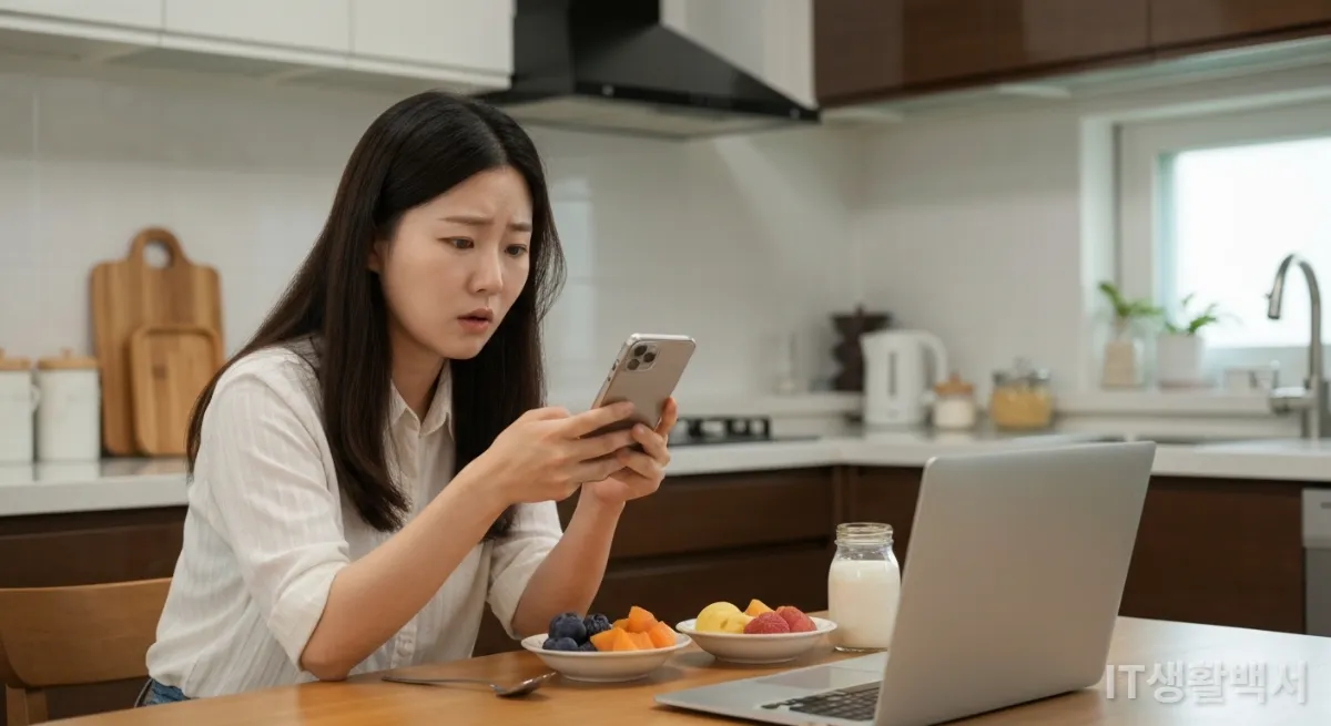 주방 테이블에서 스마트폰을 보며 고민하는 한국인 여성의 모습