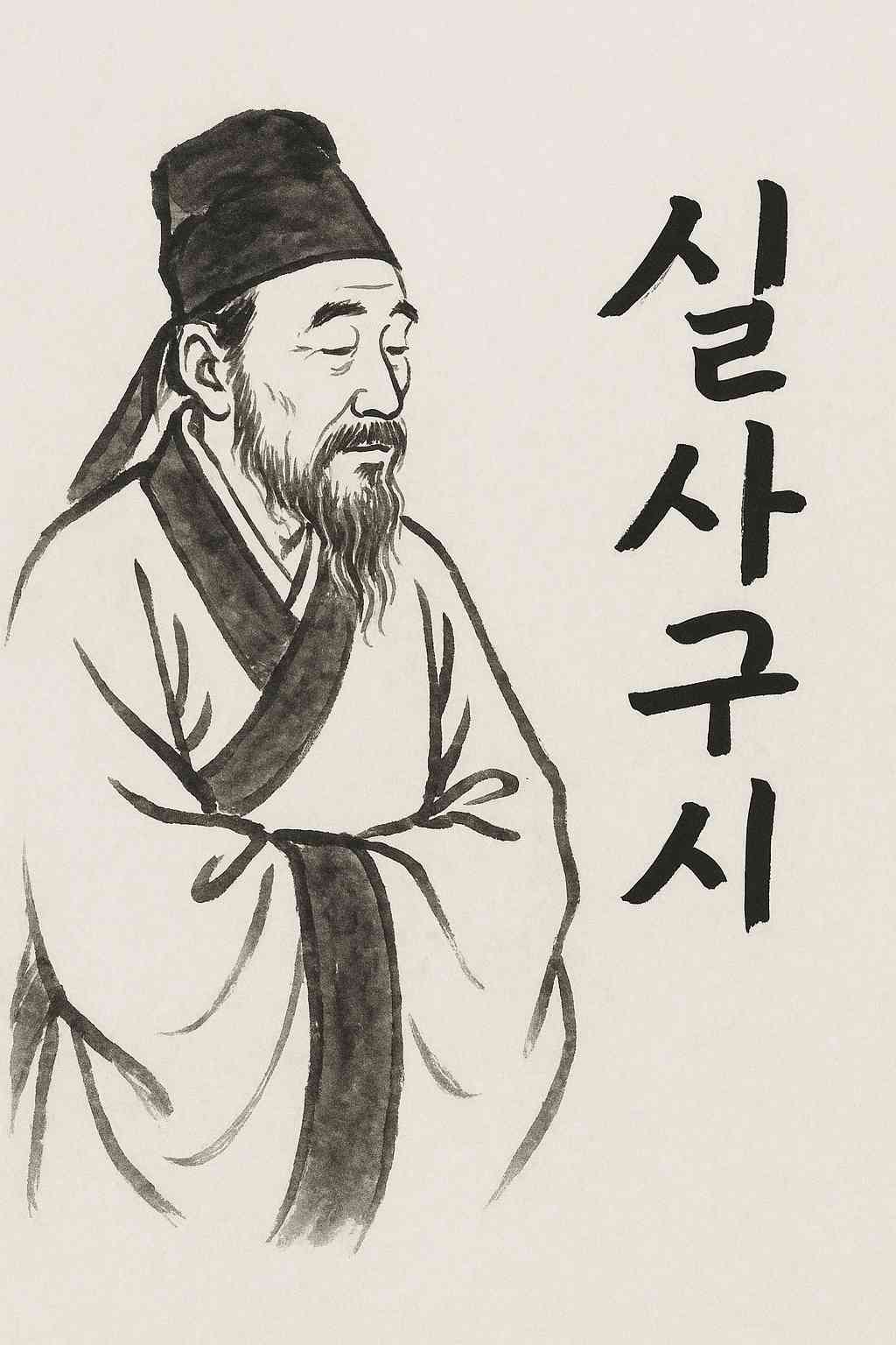 실사구시라는 글씨가 붓글씨로 쓰인 동양화풍 인물 그림