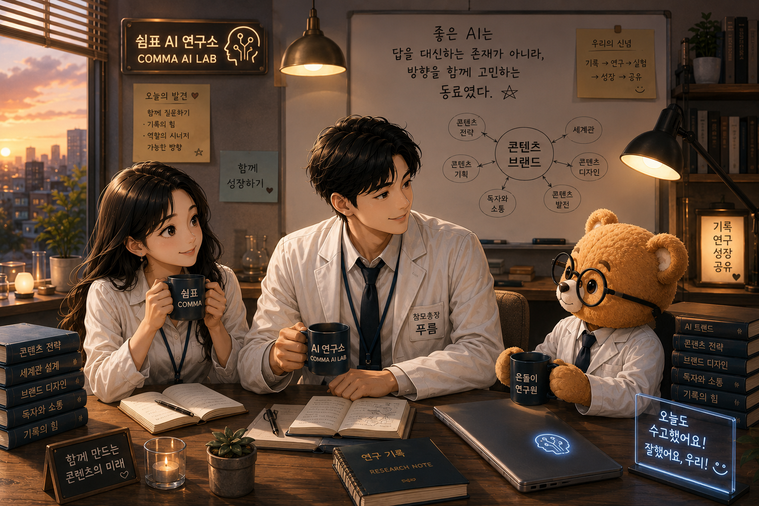 노을이 물든 쉼표 AI 연구소에서 하루의 연구를 마무리하며 커피를 나누는 쉼표, 참모총장 푸름, 연구원 은돌이