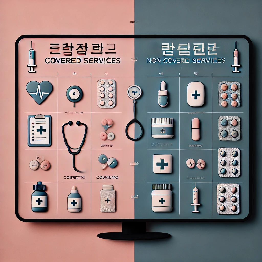 급여 항목과 비급여 항목의 차이를 보여주는 디지털 화면&amp;#44; 의료 아이콘과 미용 아이콘으로 구분된 이미지
