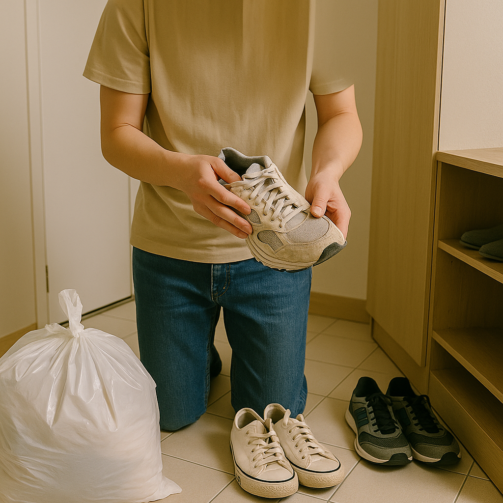 운동화를 버리기 전 상태를 점검하며 신발을 들고 있는 사람의 모습. 주변에는 다른 운동화들과 쓰레기봉투가 놓여 있다