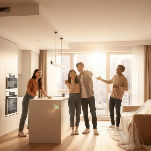 청약으로 아파트를 얻어 행복해하는 청년들