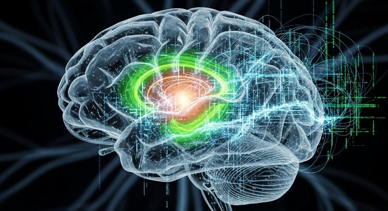 빛나는 신경 경로와 추상적인 데이터 흐름으로 이루어진 인간 뇌의 복잡한 표현. 습관 형성에 관여하는 신경학적 과정을 시각화.