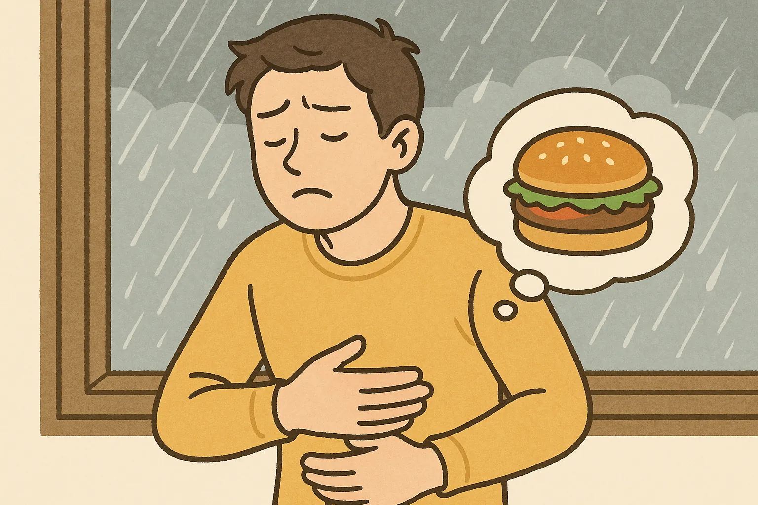 비-오는-날-창밖을-보며-배고픔을-느끼는-남성과-햄버거를-생각하는-일러스트