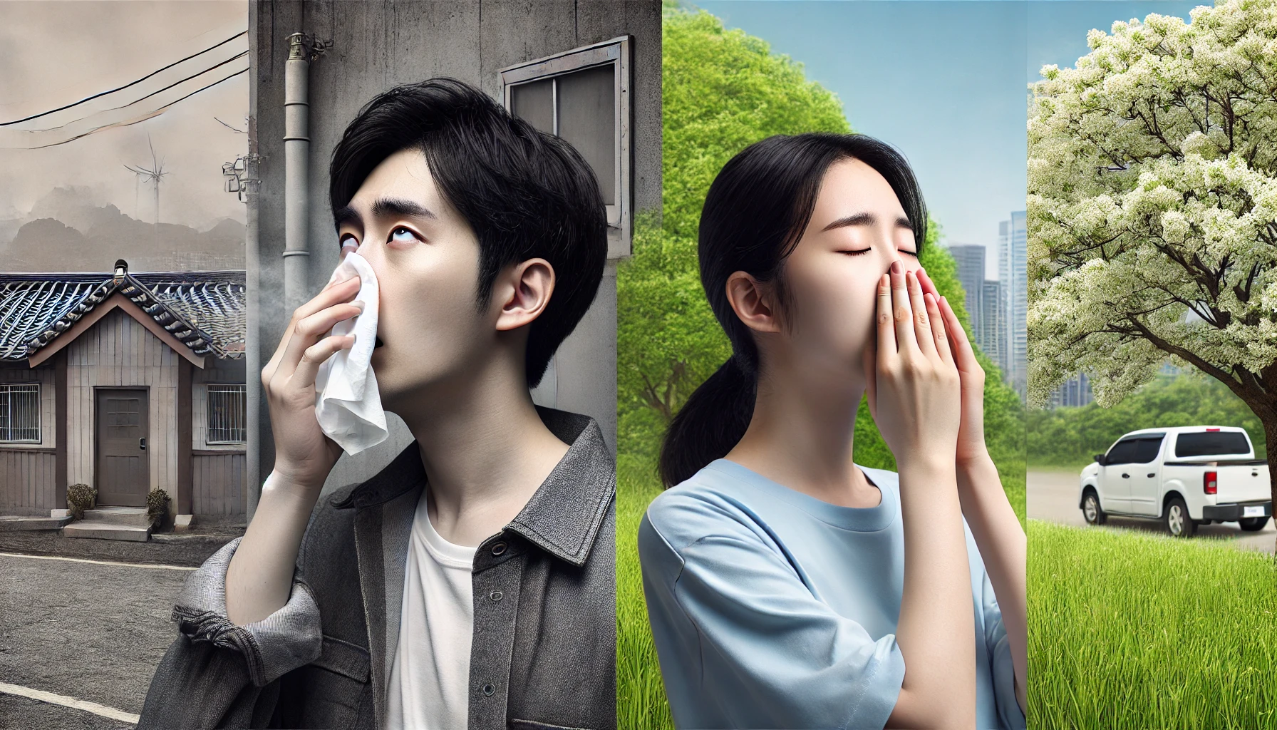 콧물을 닦으며 힘들어하는 사람과 맑은 공기 속에서 코로 깊게 숨 쉬는 모습의 대비 이미지
