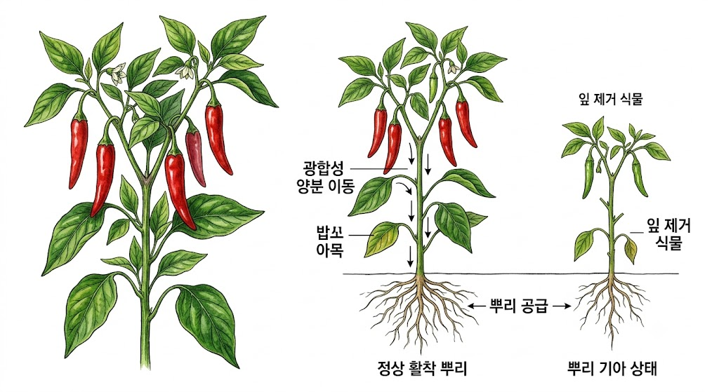 방아다리 아래 잎에서 만들어진 양분이 뿌리로 이동하는 흐름과 잎을 제거했을 때 뿌리가 굶주리는 상태
