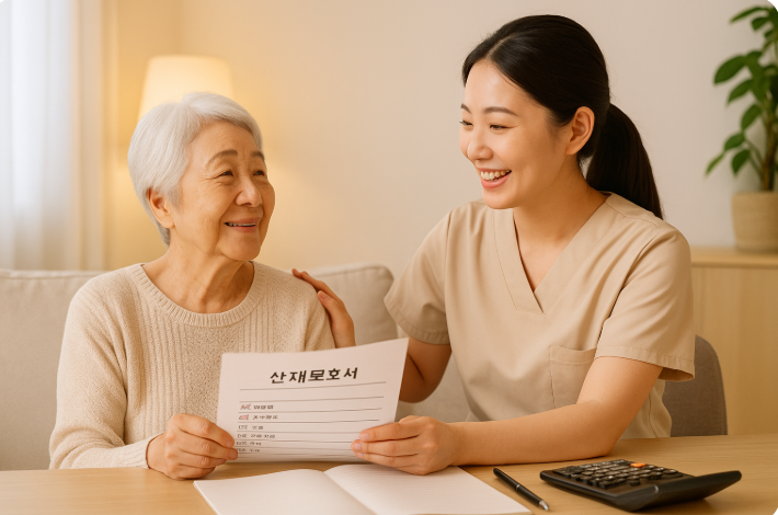 노인과 요양보호사(또는 간병인)가 함께 문서를 보고 있는 장면