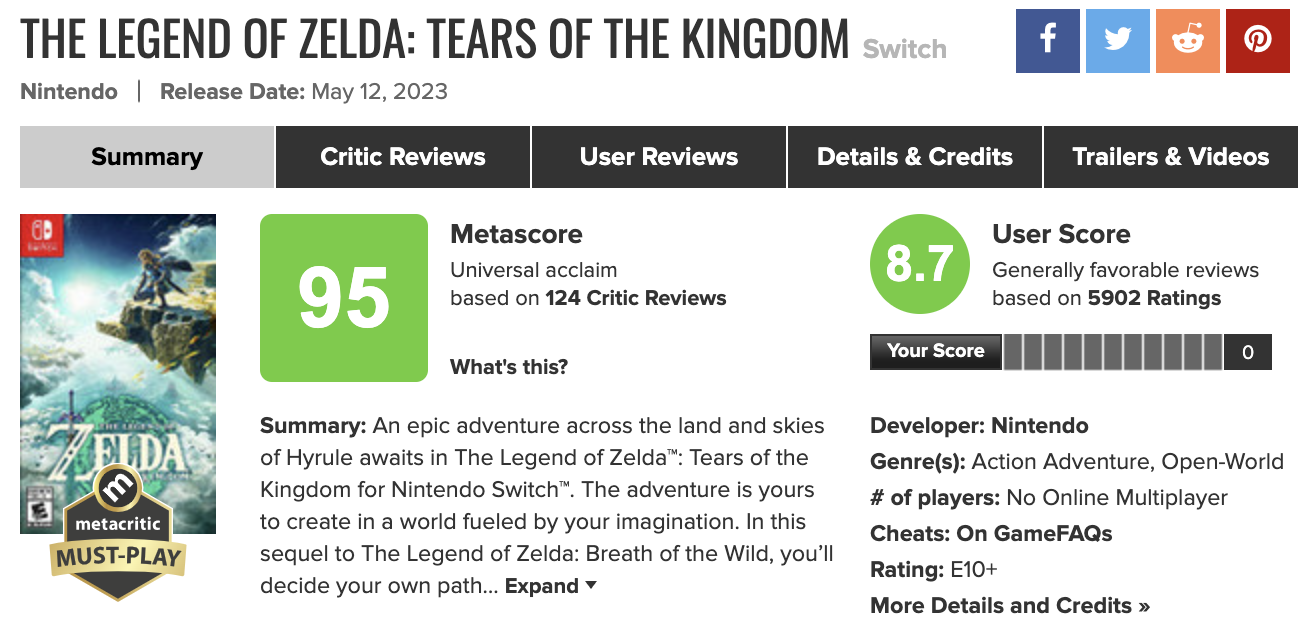 젤다의 전설: 왕국의 눈물, Metacritic 리뷰