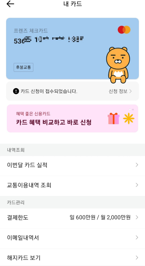 카카오뱅크 체크카드 '카드'화면 인입 시 안내정보