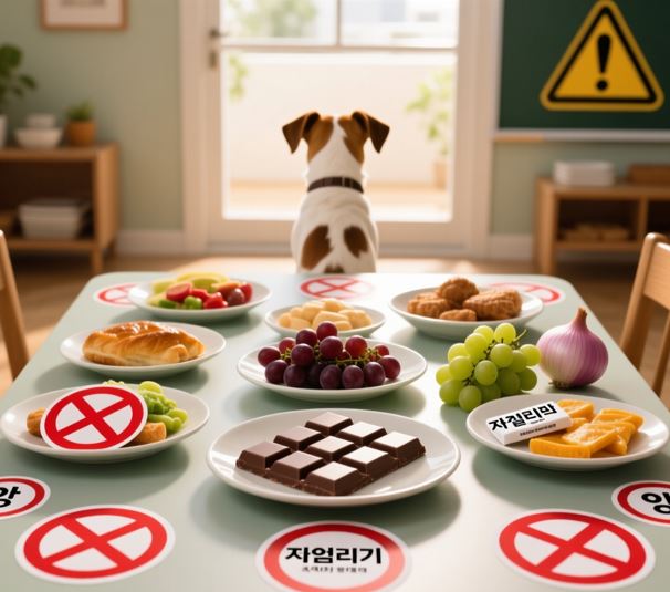 강아지들이 먹으면 안되는 음식들이 식탁 위에 놓여있다.